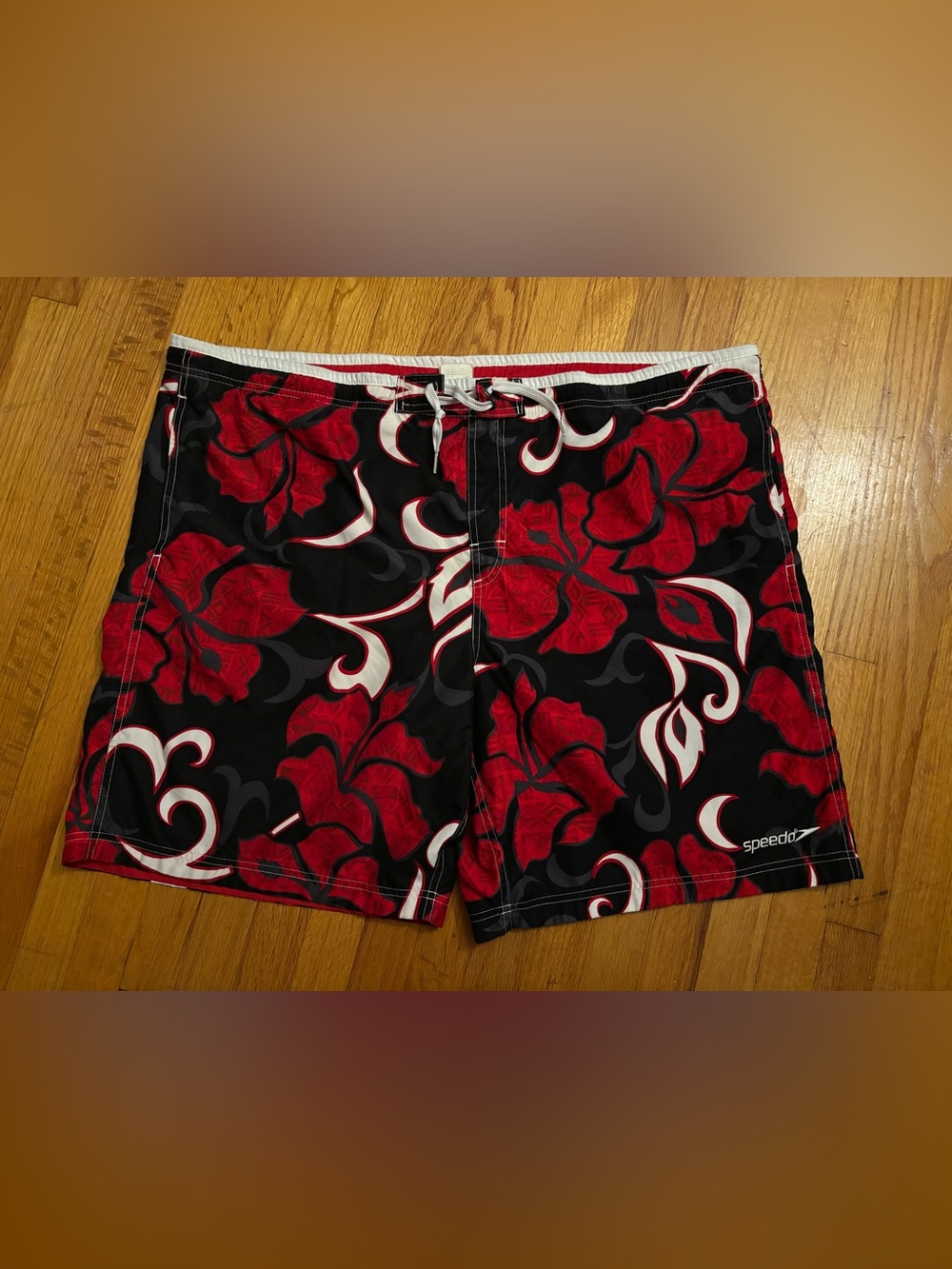 Y2K Speedo Men's Floral Tropical Swim Trunks XL Black Red White